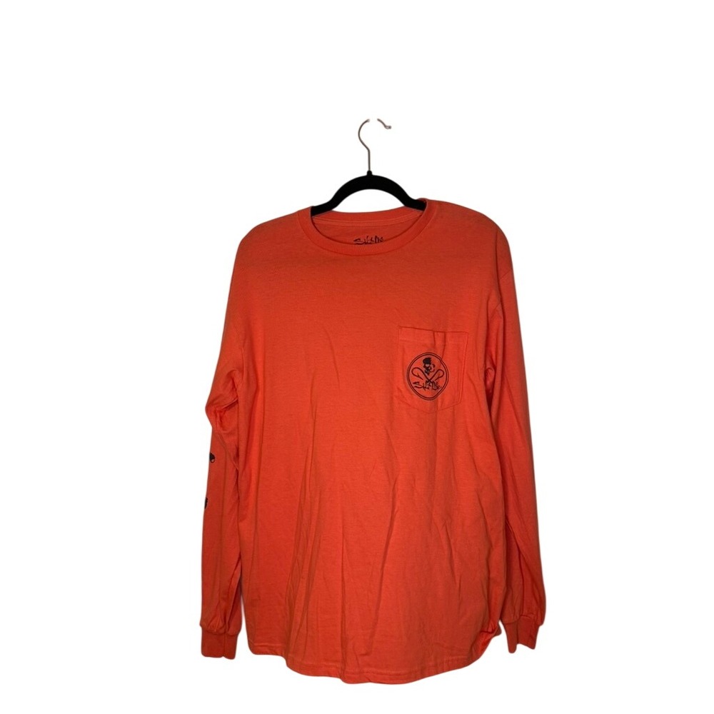 Salt Life Men's Orange‎ Long Sleeve T-Shirt Skull Graphic Pocket Tee NWT